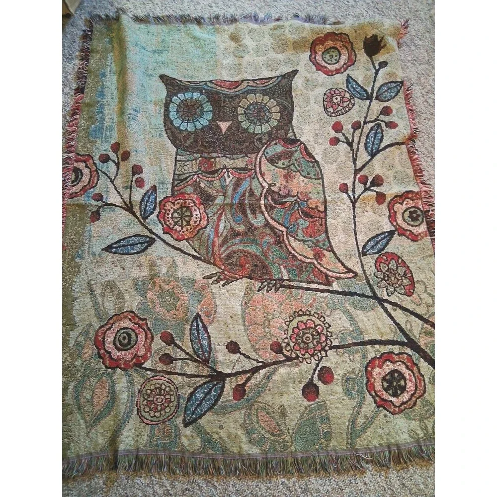 Owl & Floral Tapestry Throw Blanket 60X46 Cottage Whimsical Boho Fringe